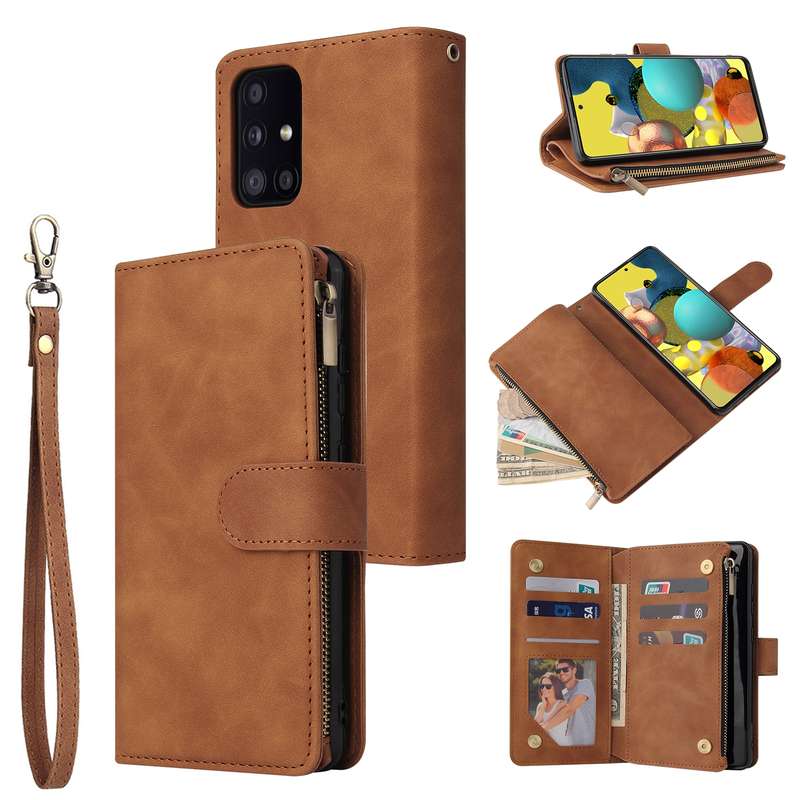 For Samsung Galaxy A52 5G Multifunctional Frosted Zipper Wallet Leather Phone Case(Brown)