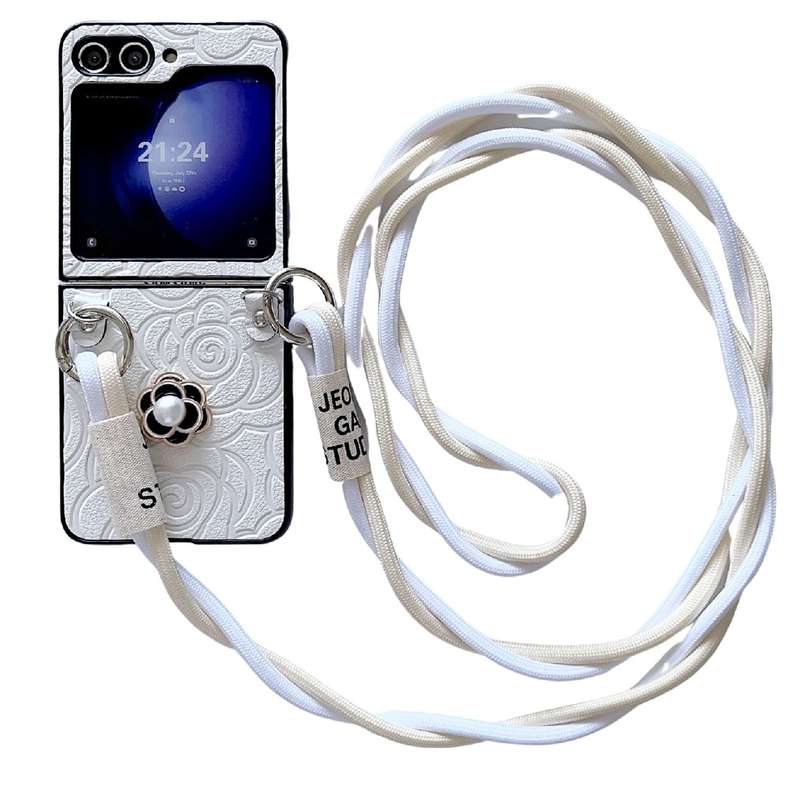 For Samsung Galaxy Z Flip4 5G Impression Camellia Pattern Protective Phone Case with Long Lanyard(Pi