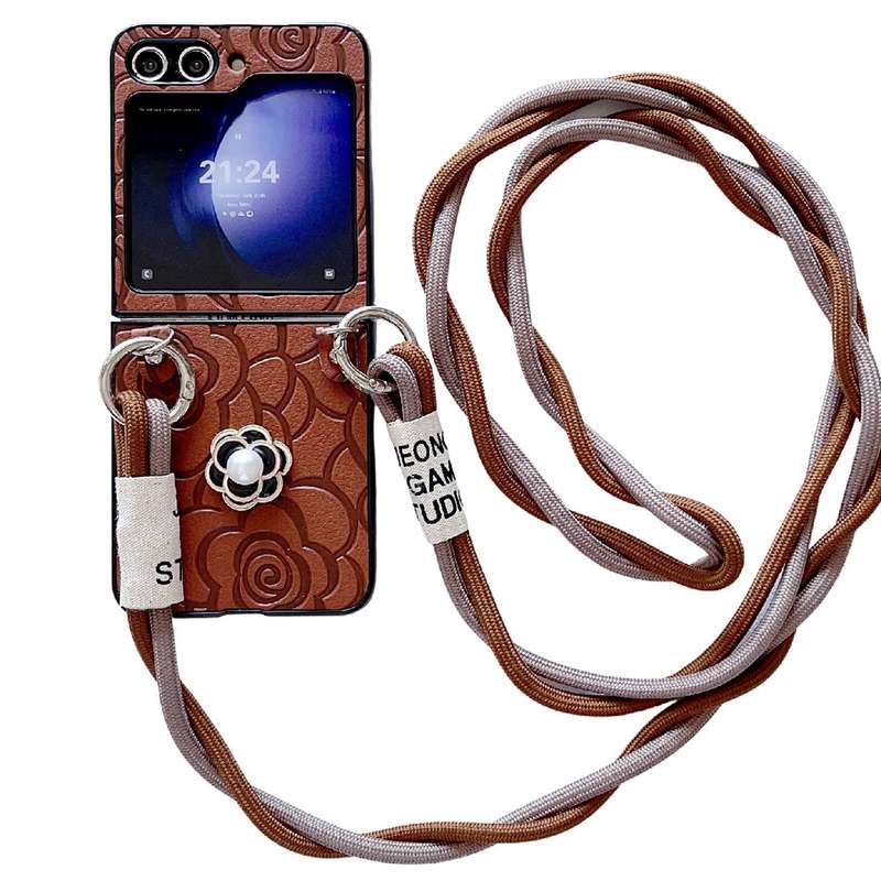 For Samsung Galaxy Z Flip4 5G Impression Camellia Pattern Protective Phone Case with Long Lanyard(Pi