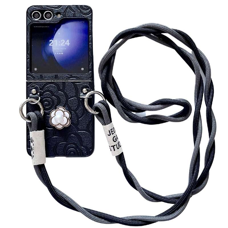 For Samsung Galaxy Z Flip4 5G Impression Camellia Pattern Protective Phone Case with Long Lanyard(Pi