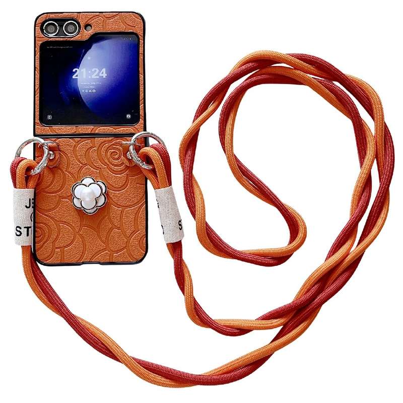 For Samsung Galaxy Z Flip4 5G Impression Camellia Pattern Protective Phone Case with Long Lanyard(Pi