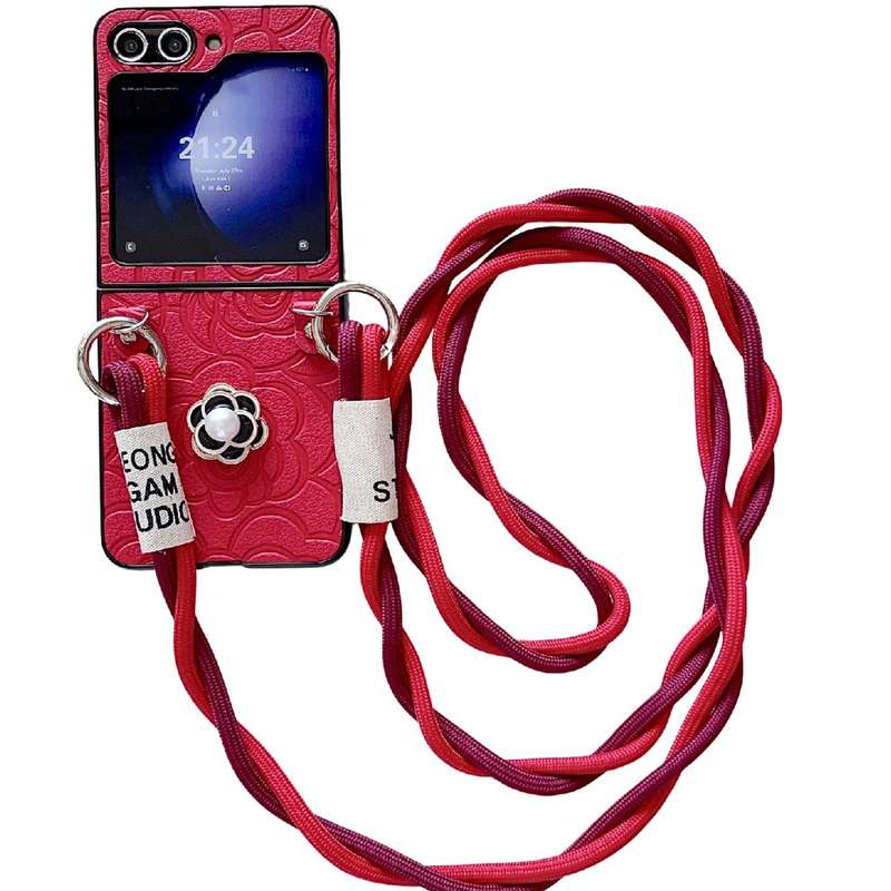 For Samsung Galaxy Z Flip4 5G Impression Camellia Pattern Protective Phone Case with Long Lanyard(Pi