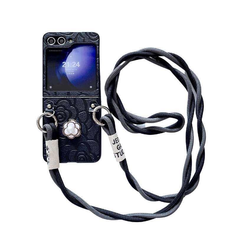 For Samsung Galaxy Z Flip6 Impression Camellia Pattern Protective Phone Case with Long Lanyard(