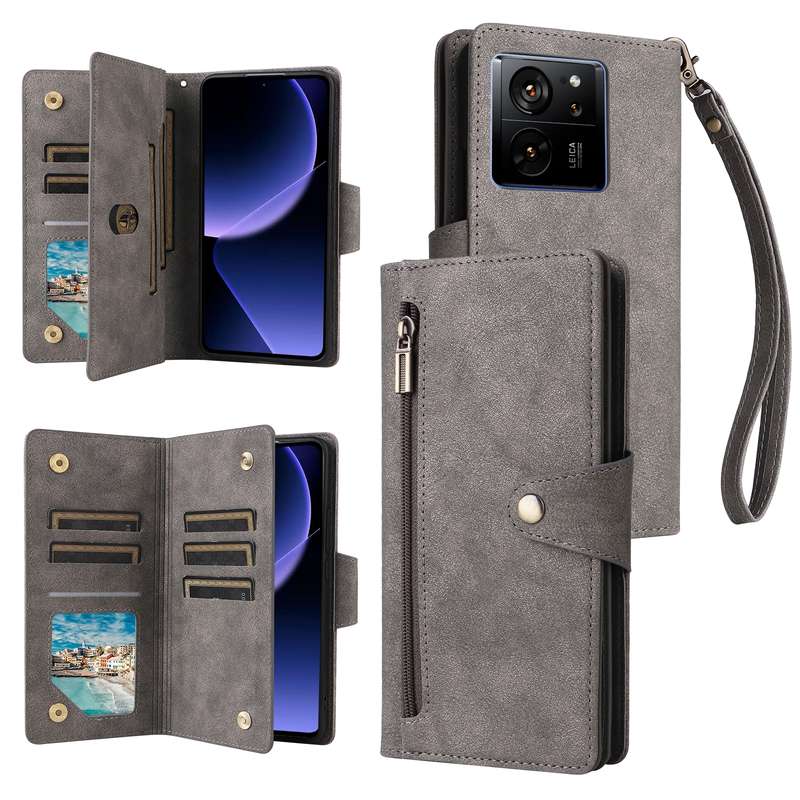 For Xiaomi 13T Pro 5G /13T 5G Global Rivet Buckle 9 Cards Three Fold Leather Phone Case(Grey)