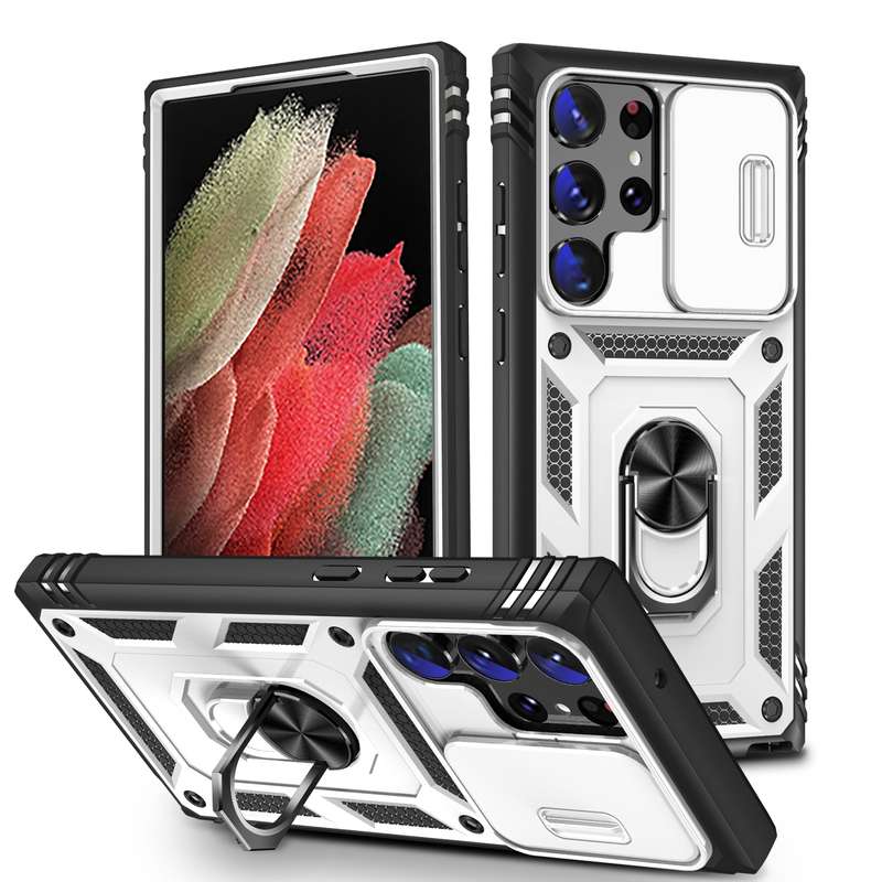 For Samsung Galaxy S24 Ultra 5G Sliding Camshield TPU + PC Phone Case with Holder(White+Black)