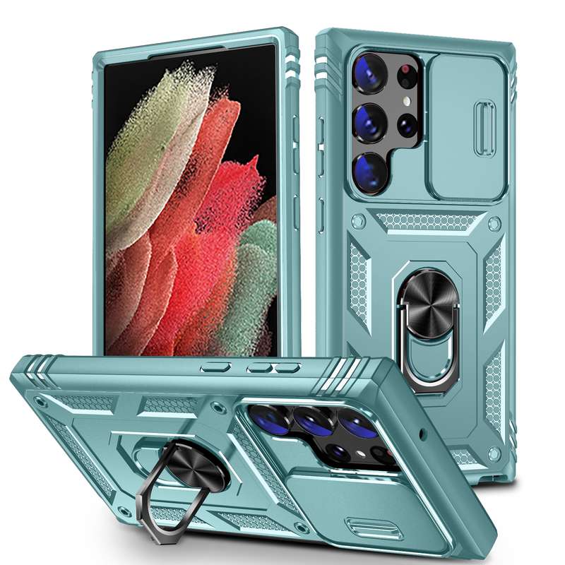For Samsung Galaxy S24 Ultra 5G Sliding Camshield TPU + PC Phone Case with Holder(White+Black)