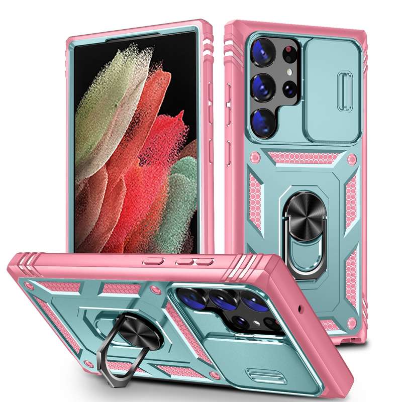 For Samsung Galaxy S24 Ultra 5G Sliding Camshield TPU + PC Phone Case with Holder(White+Black)
