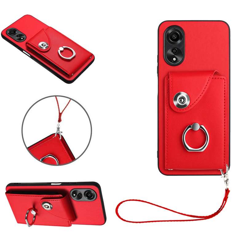 For OPPO A58 4G Global Organ Card Bag Ring Holder PU Phone Case with Lanyard(Pink)