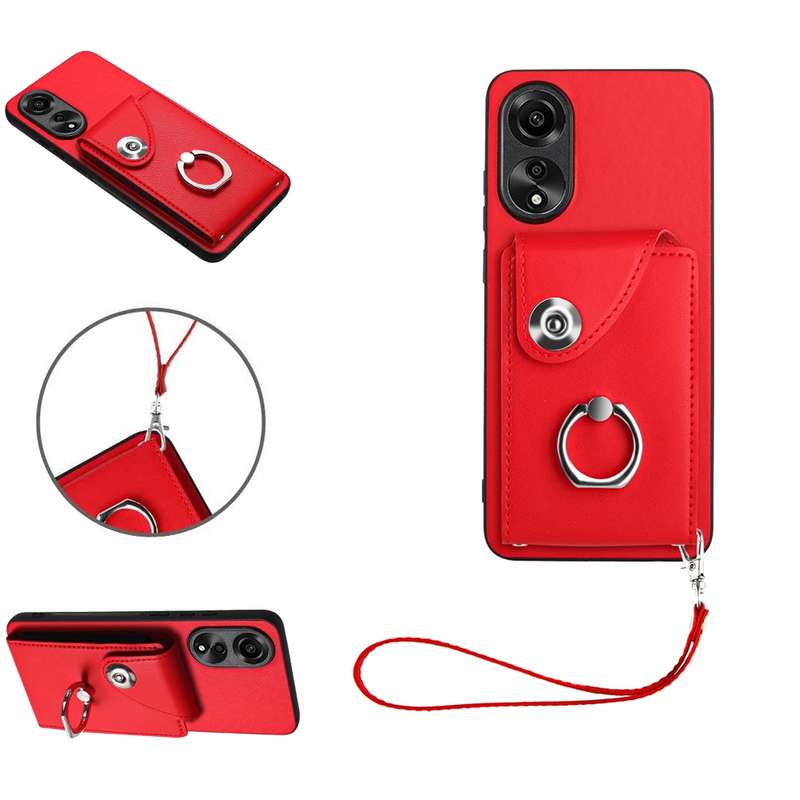 For OPPO A78 4G Global Organ Card Bag Ring Holder PU Phone Case with Lanyard(Pink)