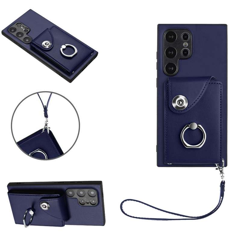 For Samsung Galaxy S24 Ultra 5G Organ Card Bag Ring Holder PU Phone Case with Lanyard(Black)