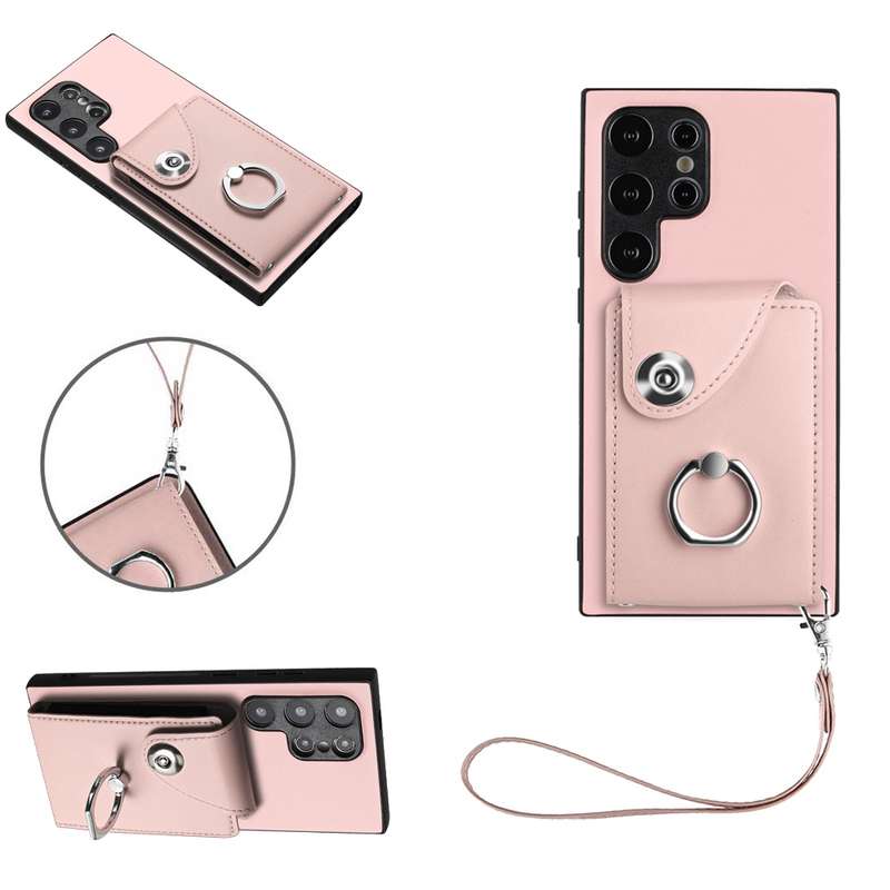 For Samsung Galaxy S24 Ultra 5G Organ Card Bag Ring Holder PU Phone Case with Lanyard(Black)