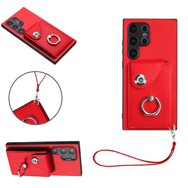 For Samsung Galaxy S24 Ultra 5G Organ Card Bag Ring Holder PU Phone Case with Lanyard(Black)