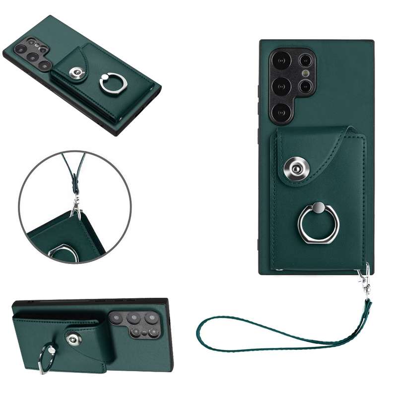 For Samsung Galaxy S24 Ultra 5G Organ Card Bag Ring Holder PU Phone Case with Lanyard(Black)