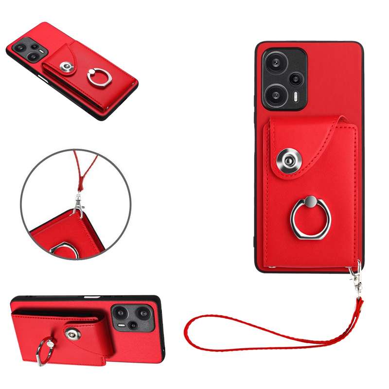 For Xiaomi Poco F5 5G/Redmi Note 12 Turbo Organ Card Bag Ring Holder PU Phone Case with Lanyard
