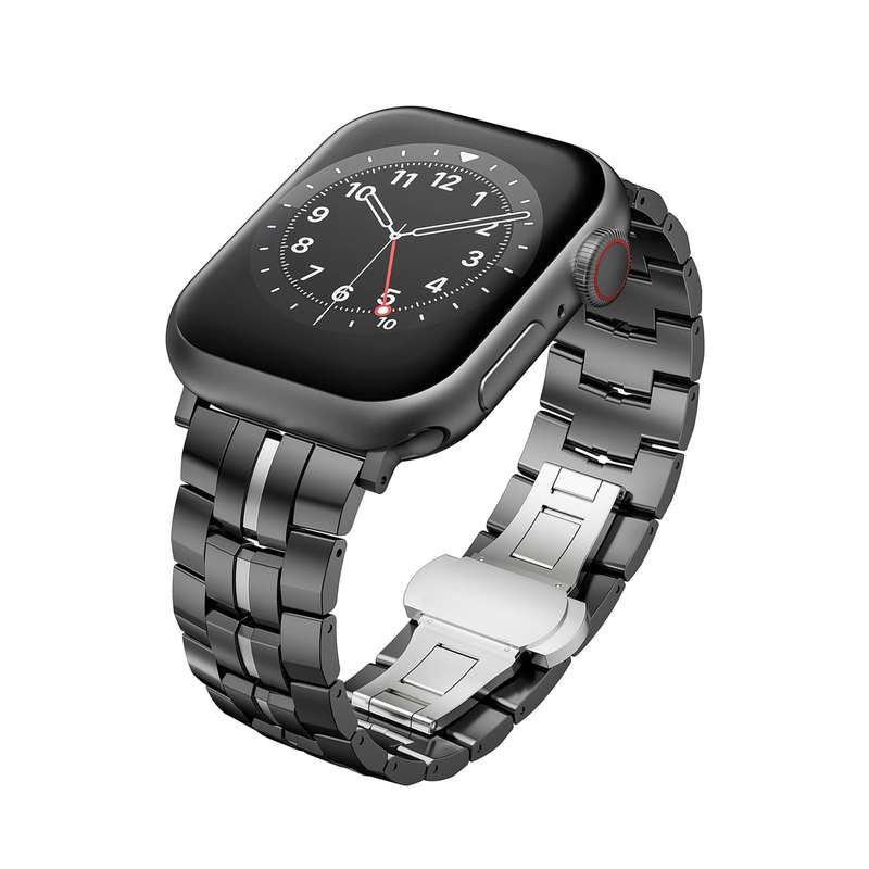 For Apple Watch SE 2022 40mm Butterfly Buckle 5-Beads Metal Watch Band(Black Silver)