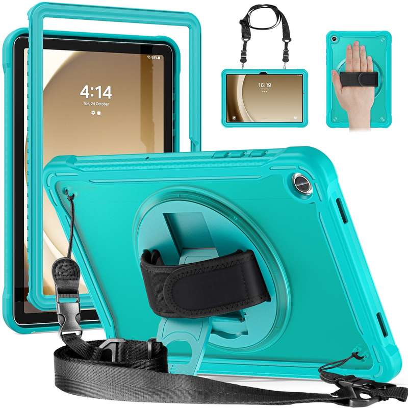 For Samsung Galaxy Tab A9+ X210/X215 Heavy Duty Hybrid Tablet Case with Handle & Strap(Clear Black)