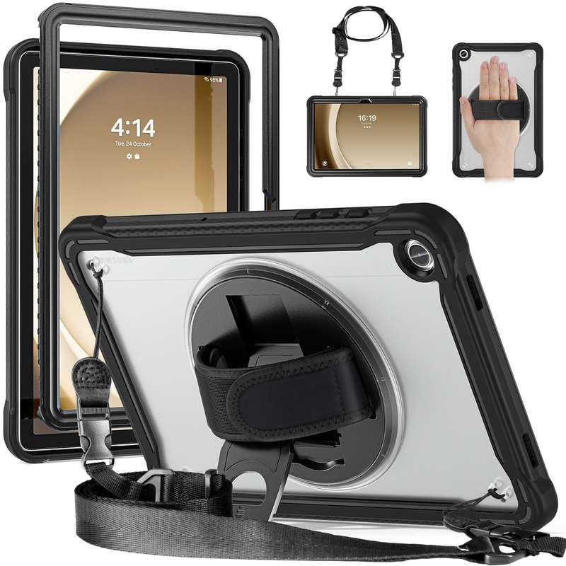 For Samsung Galaxy Tab A9+ X210/X215 Heavy Duty Hybrid Tablet Case with Handle & Strap(Clear Black)