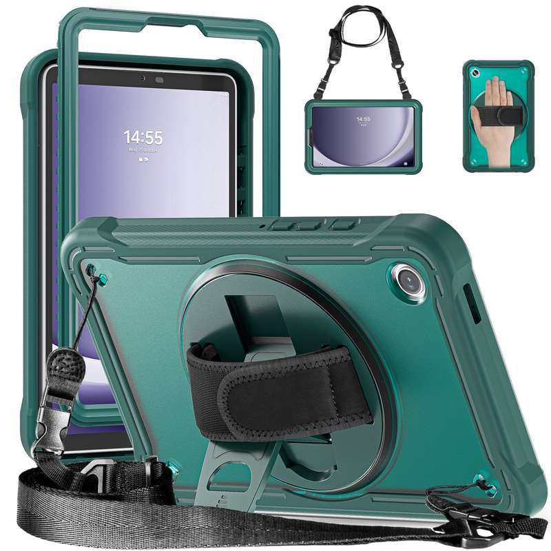 For Samsung Galaxy Tab A9 X110/X115 Heavy Duty Hybrid Tablet Case with Handle & Strap(Clear Black)