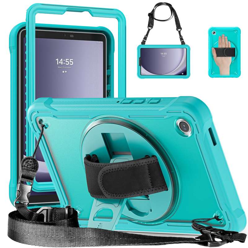For Samsung Galaxy Tab A9 X110/X115 Heavy Duty Hybrid Tablet Case with Handle & Strap(Clear Black)
