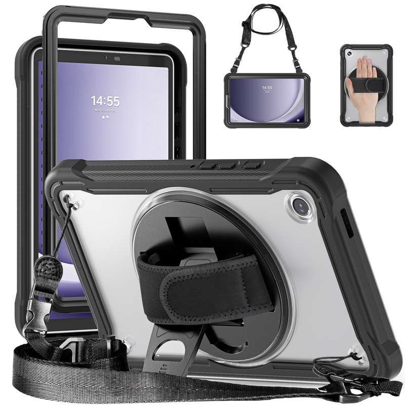 For Samsung Galaxy Tab A9 X110/X115 Heavy Duty Hybrid Tablet Case with Handle & Strap(Clear Black)