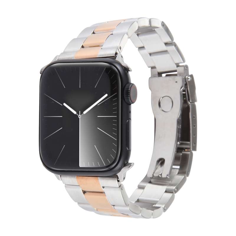 For Apple Watch SE 44mm Three-Bead Stainless Steel Watch Band(Silver Rose Gold)