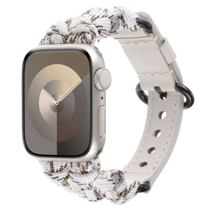 For Apple Watch Series 8 45mm Paracord Genuine Leather Watch Band(White Khaki)