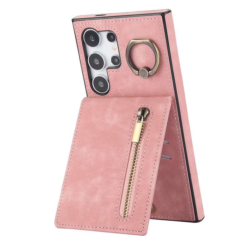 For Samsung Galaxy S24 Ultra 5G Retro Ring and Zipper RFID Card Slot Phone Case(Brown)