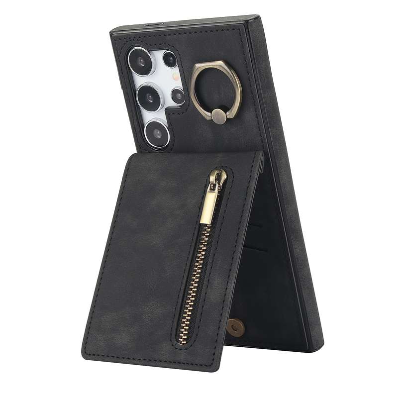 For Samsung Galaxy S24 Ultra 5G Retro Ring and Zipper RFID Card Slot Phone Case(Brown)