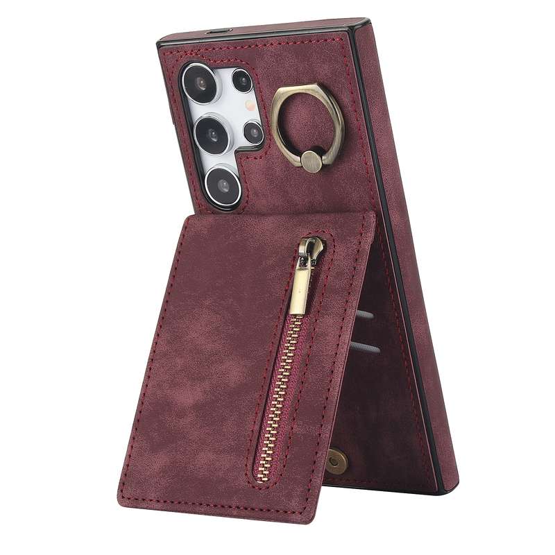 For Samsung Galaxy S24 Ultra 5G Retro Ring and Zipper RFID Card Slot Phone Case(Brown)