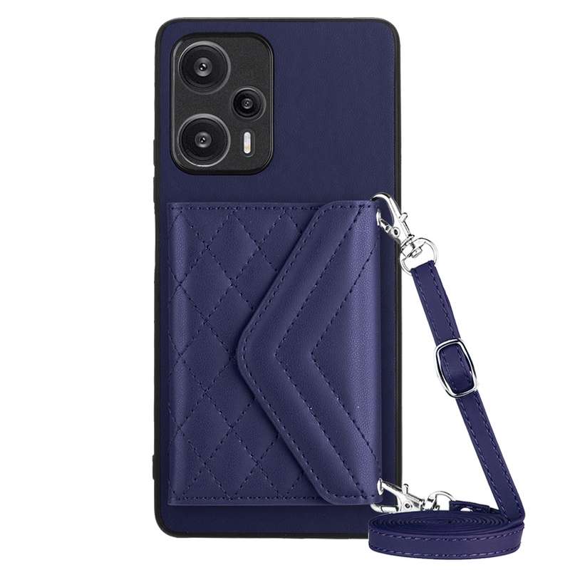 For Xiaomi Redmi Note 12 Turbo Rhombic Texture Card Bag RFID Phone Case with Long Lanyard(Dark