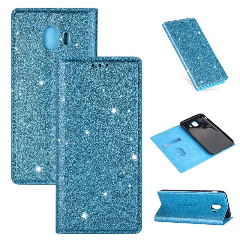 For Samsung Galaxy J4 (2018) Ultrathin Glitter Magnetic Horizontal Flip Leather Case with Holder & C