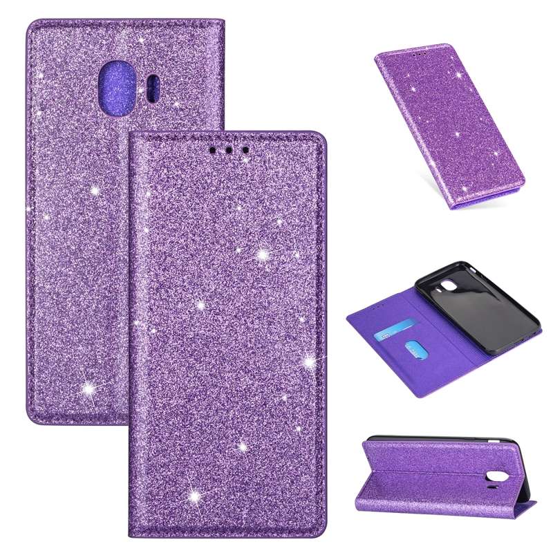 For Samsung Galaxy J4 (2018) Ultrathin Glitter Magnetic Horizontal Flip Leather Case with Holder & C