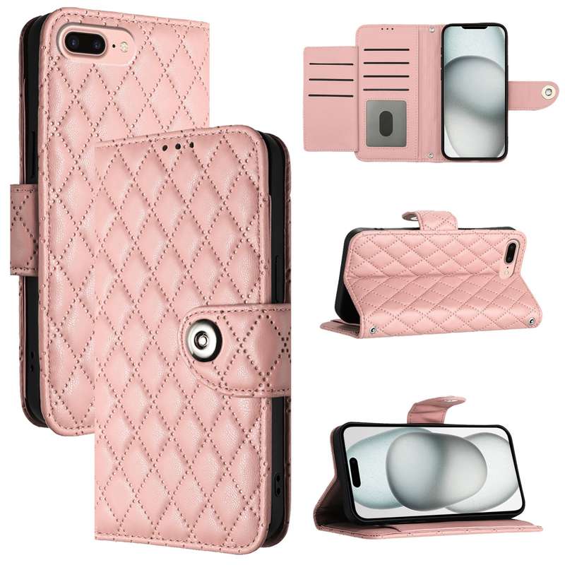 For iPhone 8 Plus / 7 Plus / 6s Plus Rhombic Texture Flip Leather Phone Case with Lanyard(Coral