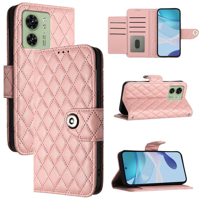 For Motorola Edge 40 Rhombic Texture Flip Leather Phone Case with Lanyard(Coral Pink)