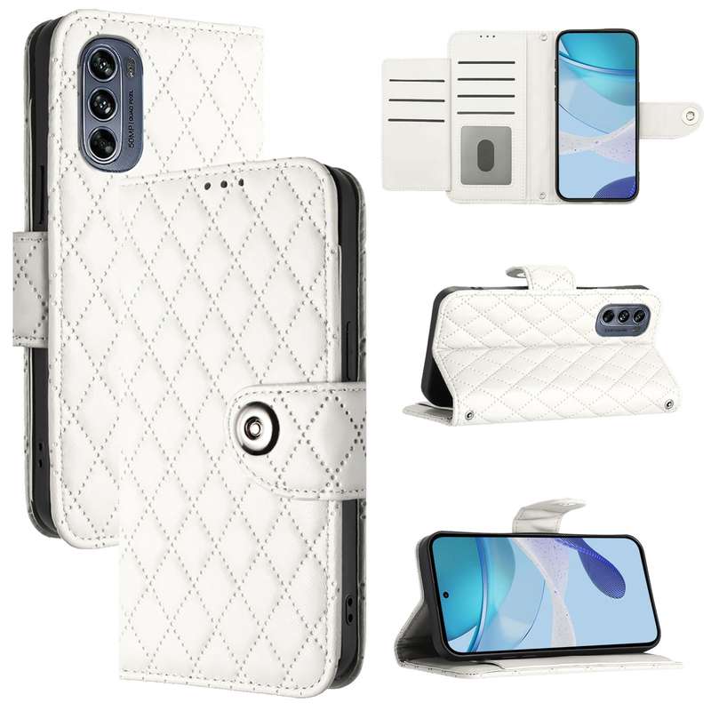 For Motorola Moto G62 5G Global / India Rhombic Texture Flip Leather Phone Case with Lanyard(Wh