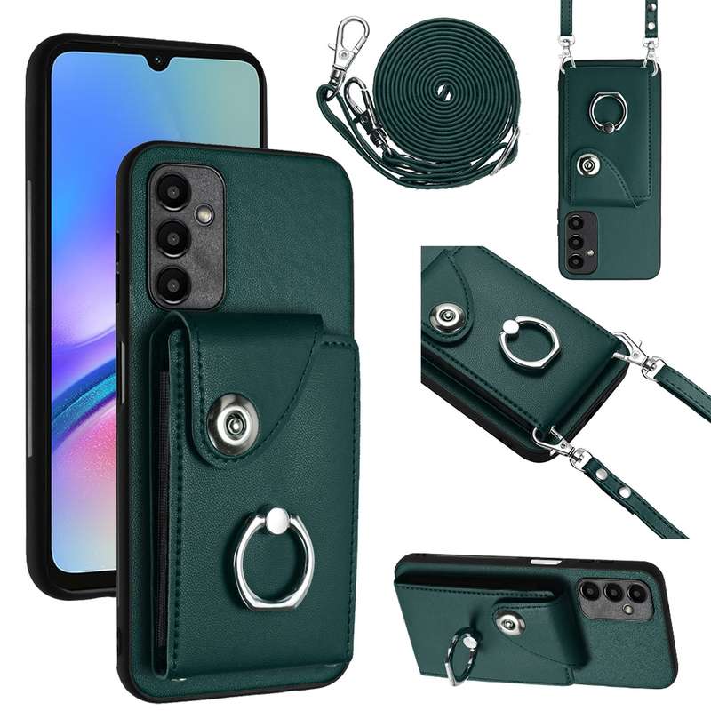 For Samsung Galaxy A15 4G Organ Card Bag Ring Holder Phone Case with Long Lanyard(Green)