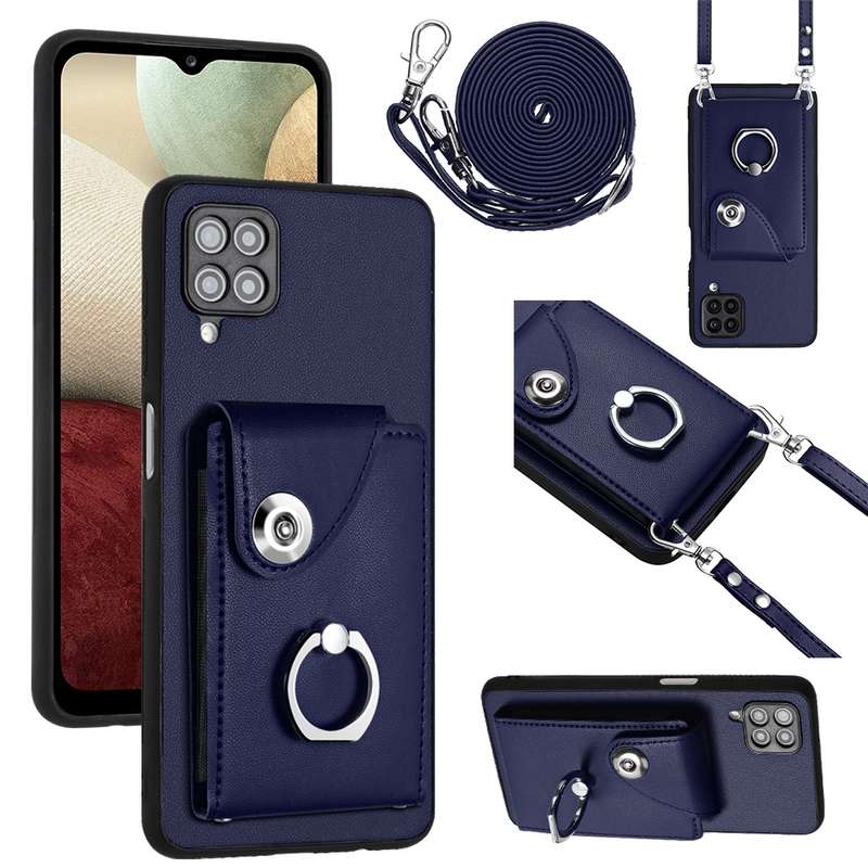 For Samsung Galaxy A12 Organ Card Bag Ring Holder Phone Case with Long Lanyard(Blue)