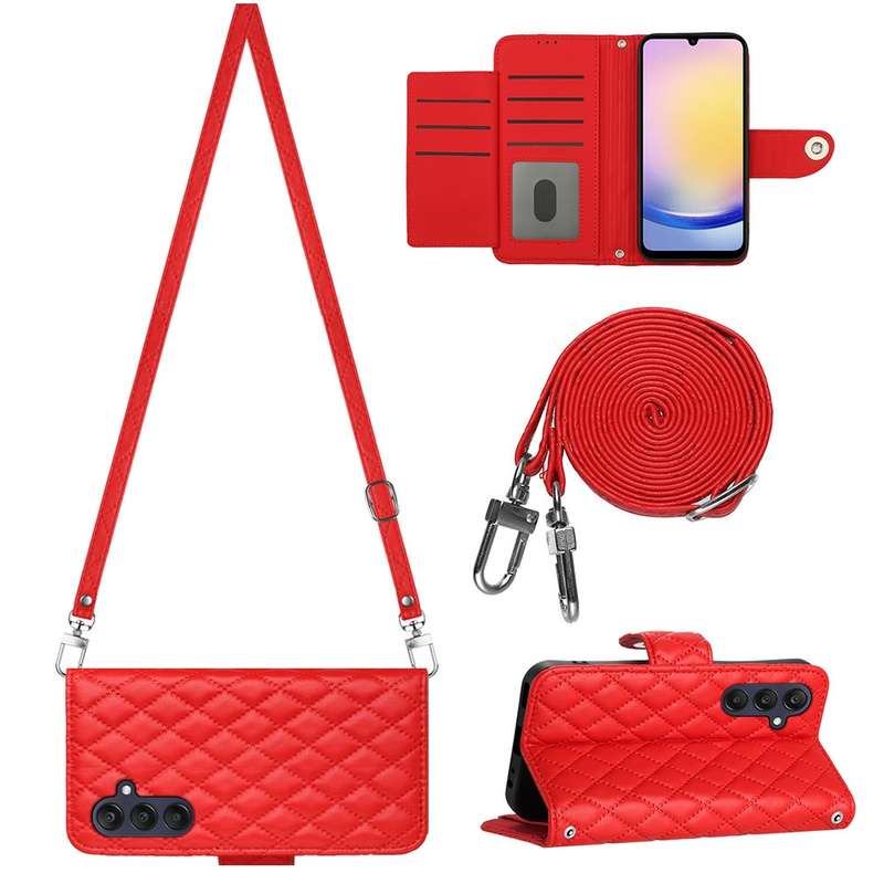 For Samsung Galaxy A05s Rhombic Texture Flip Leather Phone Case with Long Lanyard(Red)