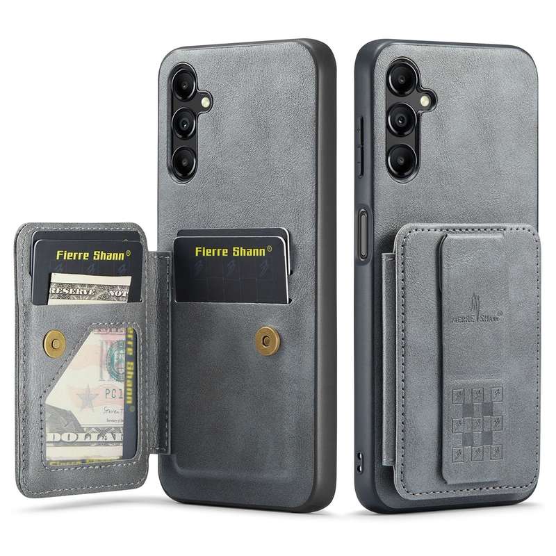 For Samsung Galaxy A35 5G Fierre Shann Oil Wax Cow Leather Card Holder Back Phone Case(Grey)
