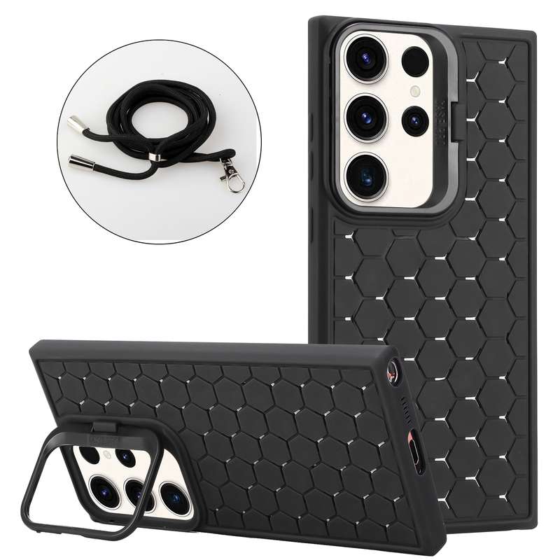 For Samsung Galaxy S24 Ultra 5G Honeycomb Radiating Lens Holder Magsafe Phone Case with Lanyard