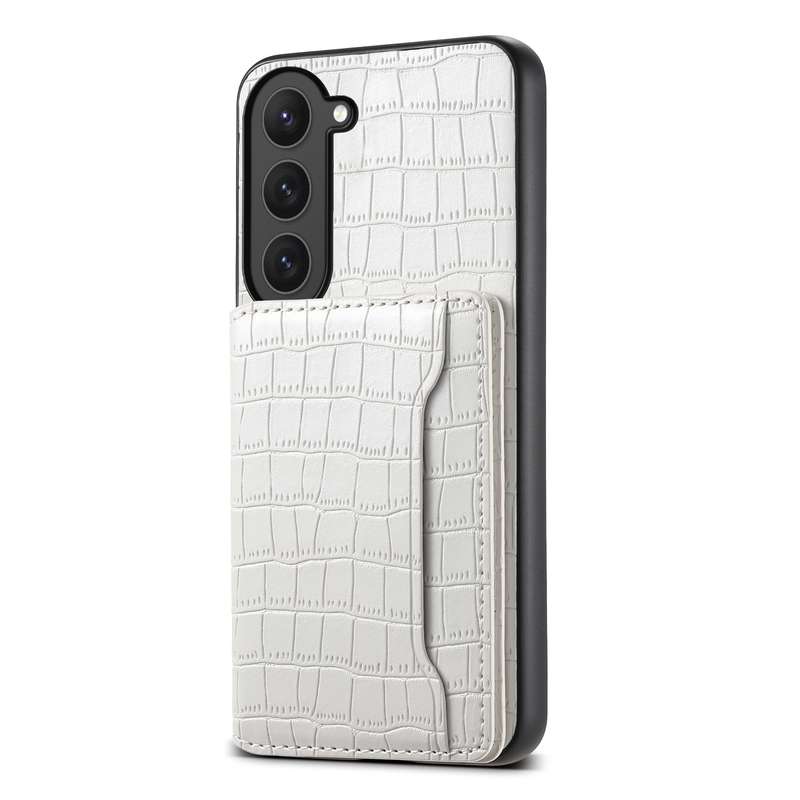 For Samsung Galaxy S23 5G Crocodile Texture Card Bag Design Full Coverage Phone Case(White)
