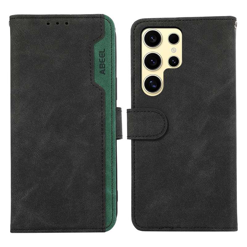 For Samsung Galaxy S24 Ultra 5G ABEEL Color Block Magnetic RFID Leather Phone Case(Black-Green)