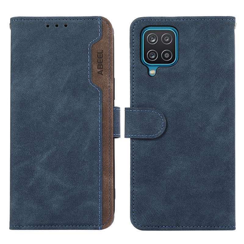 For Samsung Galaxy A12 ABEEL Color Block Magnetic RFID Leather Phone Case(Blue-Brown)