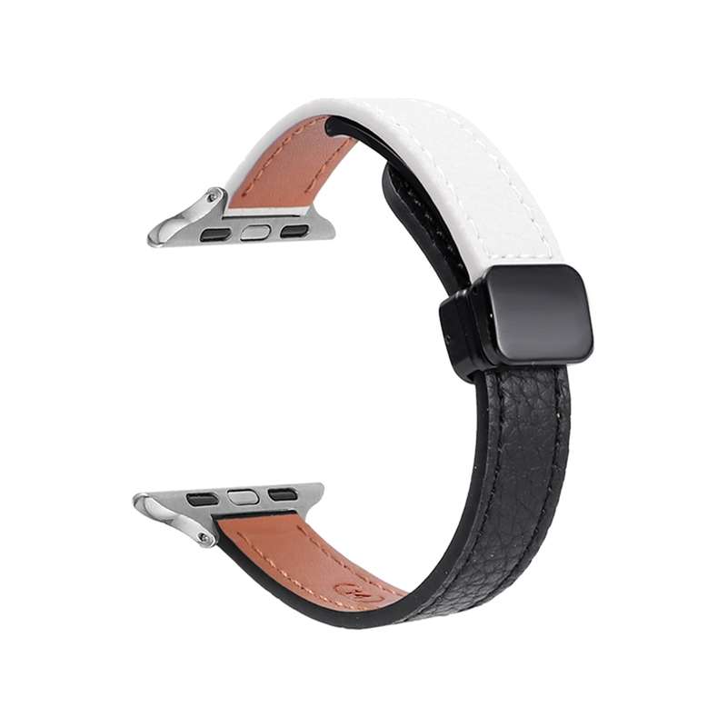For Apple Watch Series 5 40mm Slim Magnetic Buckle Genuine Leather Watch Band(Litchi Black Beig