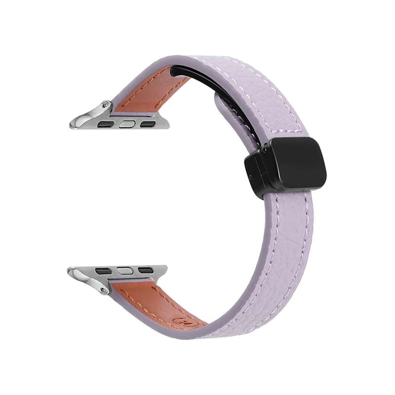 For Apple Watch 42mm Slim Magnetic Buckle Genuine Leather Watch Band(Litchi Lavender)