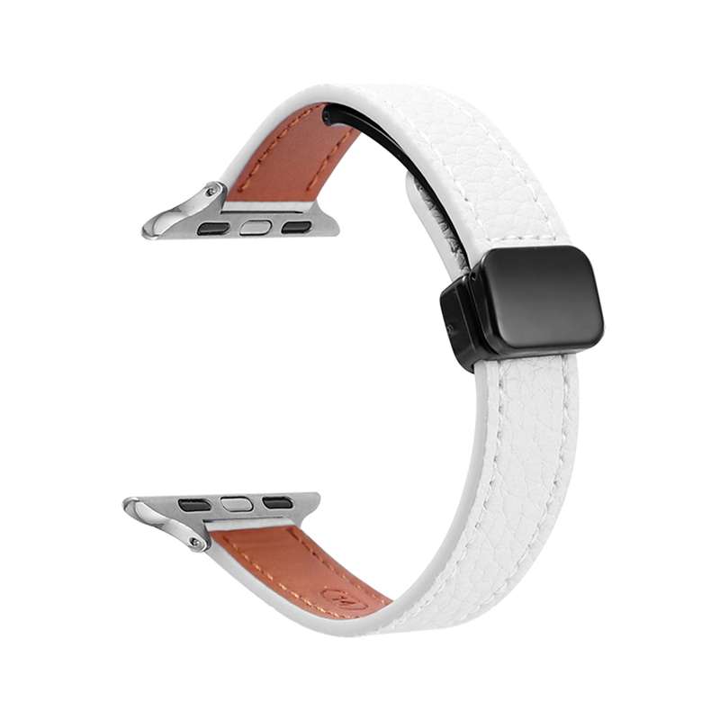 For Apple Watch 38mm Slim Magnetic Buckle Genuine Leather Watch Band(Litchi Beige)
