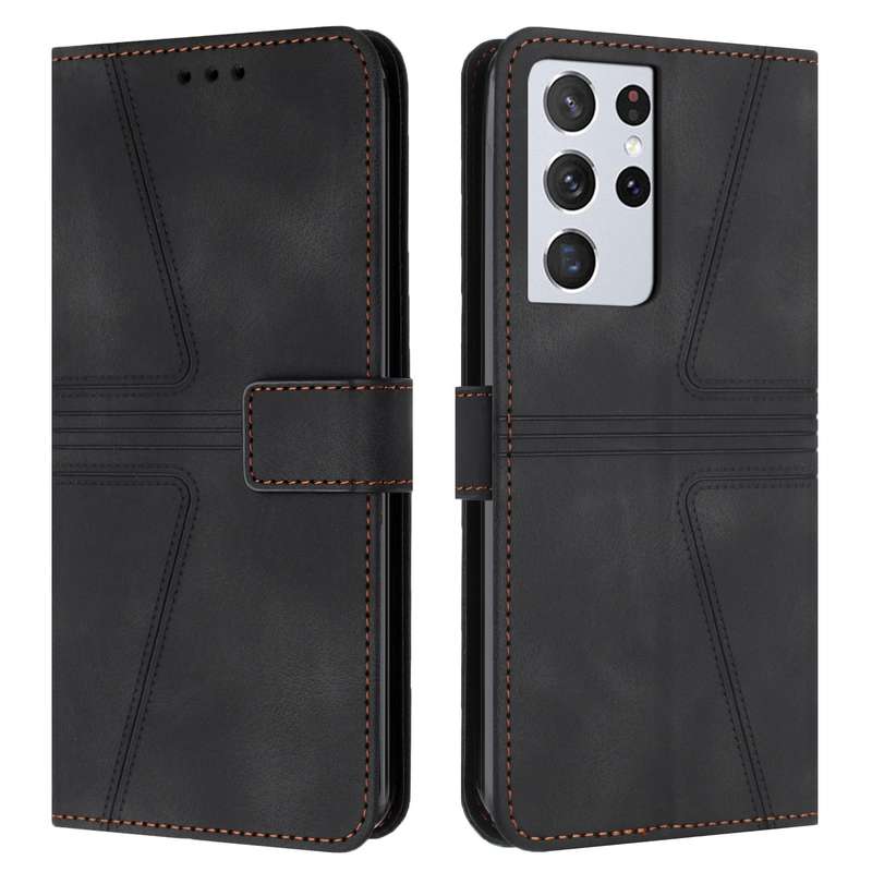 For Samsung Galaxy S21 Ultra 5G Triangle Solid Color Leather Phone Case(Black)