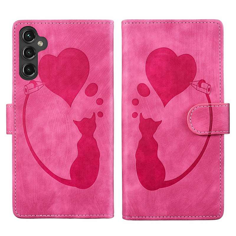 For Samsung Galaxy A25 5G Pen Heart Cat Embossed Leather Phone Case(Pink)