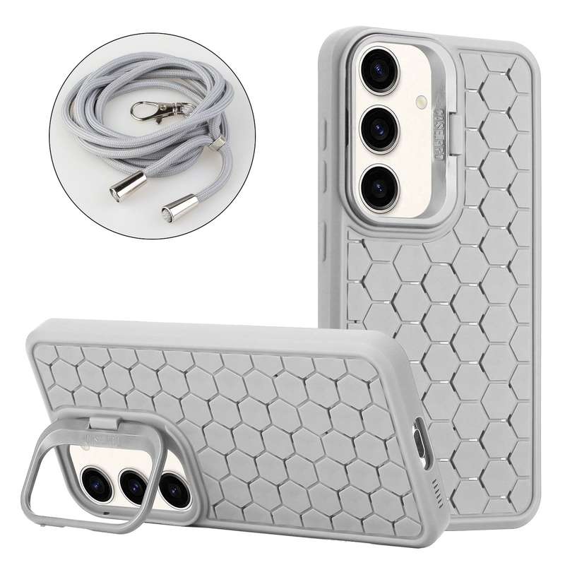 For Samsung Galaxy A25 5G Honeycomb Radiating Holder TPU Phone Case with Lanyard(Grey)