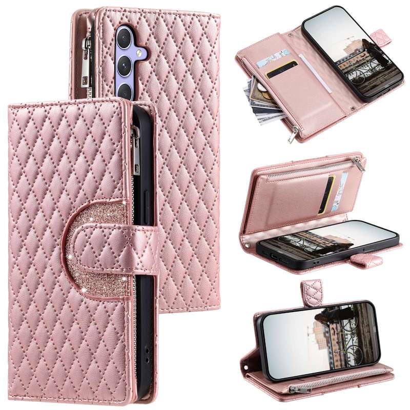 For Samsung Galaxy A05s Glitter Lattice Zipper Wallet Leather Phone Case(Rose Gold)